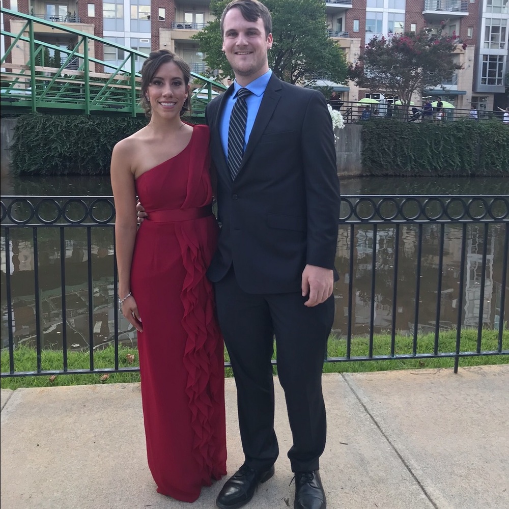 Davids Bridal long one-shoulder bridesmaid dress